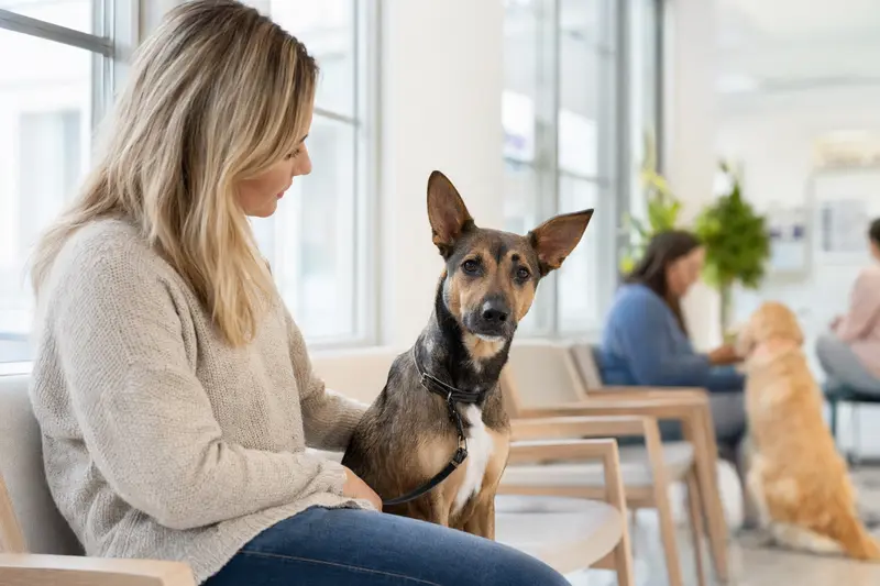 Ein Ca de Rater Valencia Hund sitzt ruhig neben seinem Besitzer im hellen Wartezimmer einer modernen Tierarztpraxis.